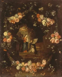 Madonna with the Child and Saint Ildephonsus Framed with a Garland of Flowers